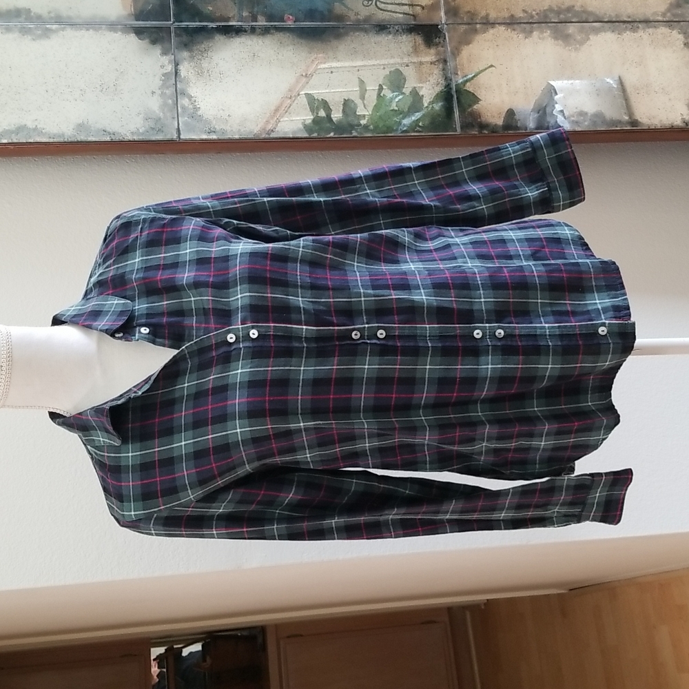 Zara Plaid Button-Down Shirt in Navy, Green & Pink